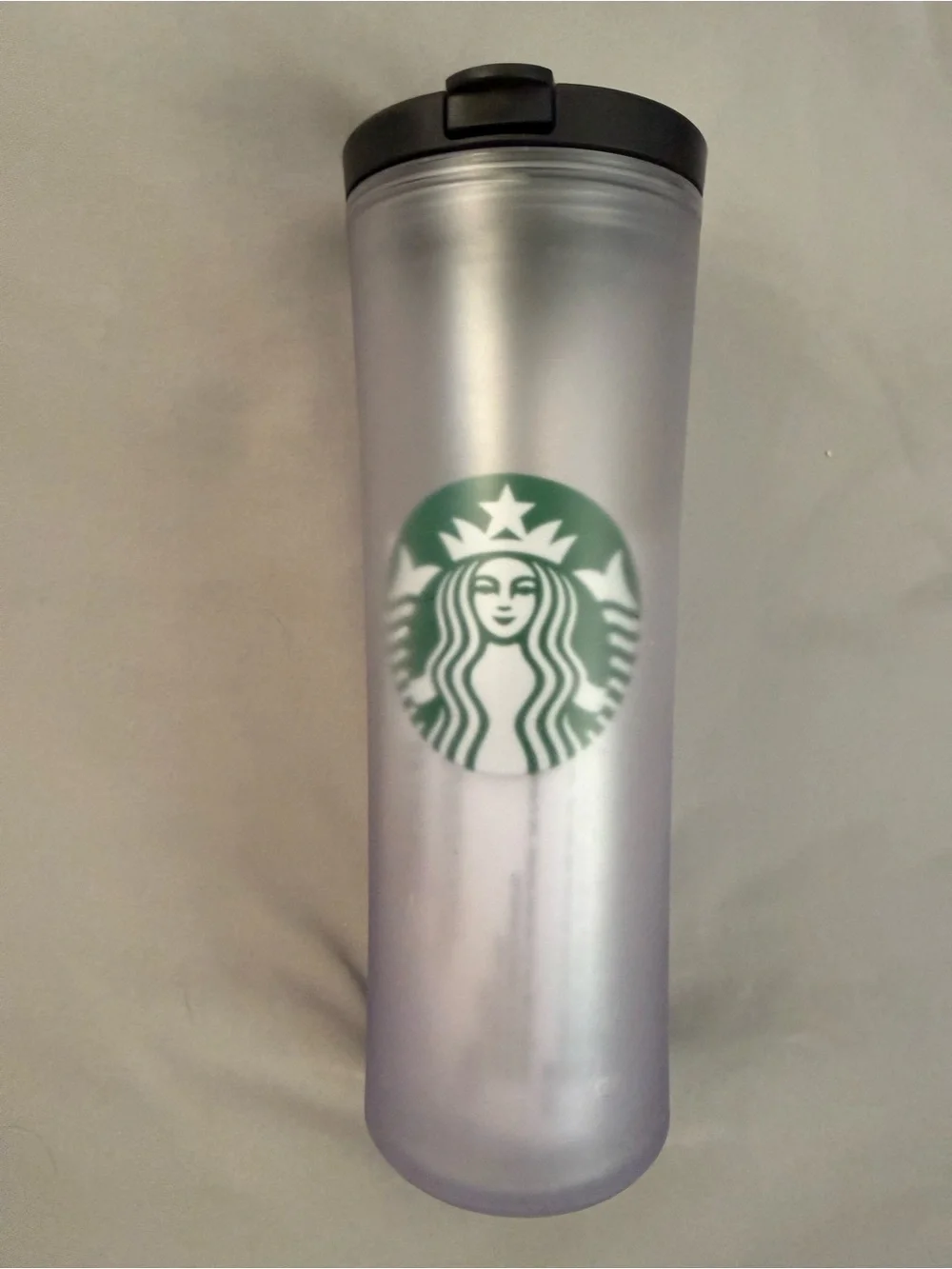 Classic Starbucks Frosted Silver Tumbler with Green Logo and Black Lid NWT